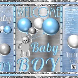 Utskrivbara chipspåsar | Nallebjörn Flytande Ballong Välkomstbabyshower Pojke Ljusblå Silver Vit | Presenter