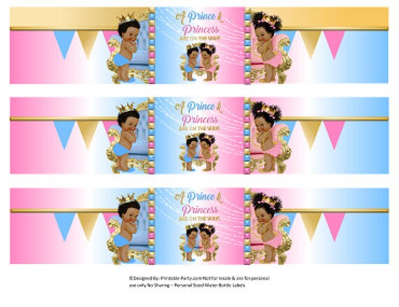 Printable Water Bottle Labels | Royal Prince Princess Twins Blue Pink Gold African Ethnic Drink Wrappers | Instant Download Il_570xn