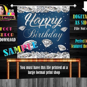 Backdrop Banner 4x4 Foot Printable PDF Instant Download |  Birthday Denim Glam Diamonds Bling Luxury Blue Jeans