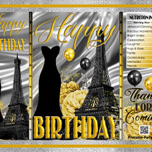 Printable Potato Chip Bags | Paris Eiffle Tower Floral Birthday Party Favor | Black Yellow Silver