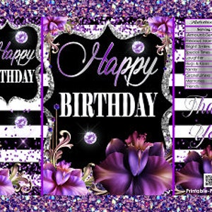 Printable Potato Chip Bags | Happy Birthday Floral Flower Wine Purple Black White Silver | Elegant Party Favors