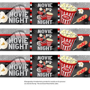 Printable Water Bottle Labels | Movie Night Hollywood Red Silver Black Drink Wrappers | Instant Download