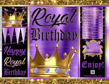 Printable Chip Bags | Royal Birthday Purple Black Gold Crown Princess Prince King Queen |  Party Favors Gift Wrappers