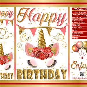 Printable Chip Bags | Unicorn Glitter Gold White Rose Pink Red Floral | Birthday Instant Download Favor Bags