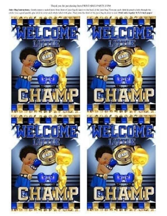 Printable Juice Bag Labels | Boxer Boxing Sports Little Champ Blue Gold Black | Drink Pouch Instant Download Il_570xn
