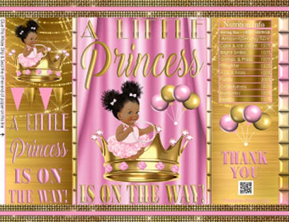 Royal Pink Black Gold Princess Bow Crown Printable Potato Chip Bags Ethnic African Amercian Girl Baby Shower Favors