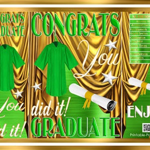 May include: Green and gold graduation party favor bags with the text "Congrats Graduate", "You did it!" and "Enjoy".