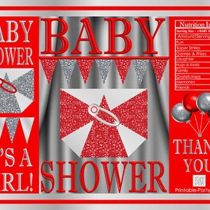Printable Potato Chip Bags | Diaper Girl Baby Shower RED Silver | Party Favor Bags