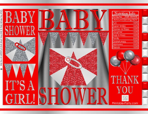 Printable Potato Chip Bags | Diaper Girl Baby Shower RED Silver | Party Favor Bags Il_570xn