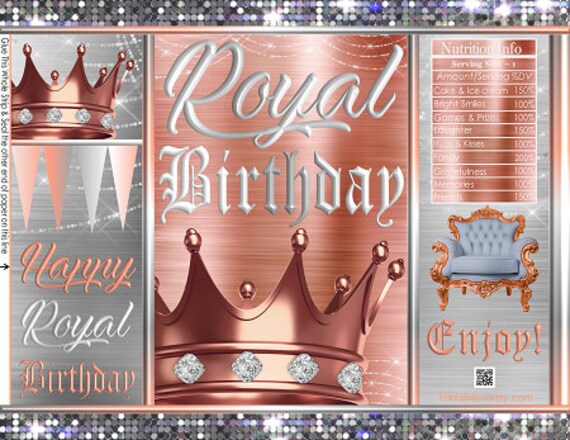 Printable Chip Bags | Royal Birthday Crown Prince King Princess Rose Gold Silver | Party Favors Gift Wrappers Il_570xn
