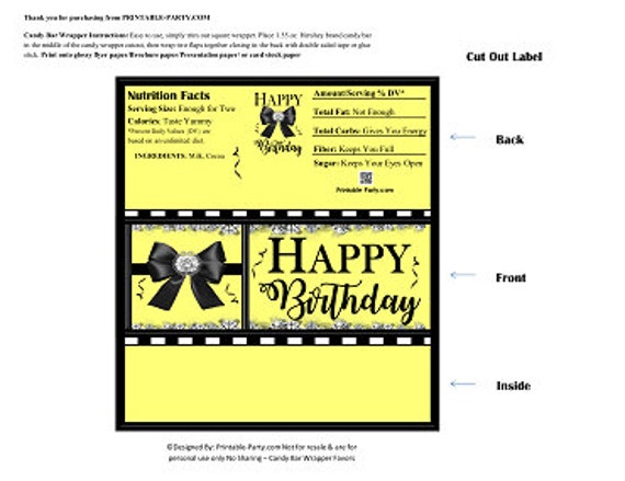 Printable Candy Bar Wrappers | Luxury Vintage Diamond Bling Bow Yellow Black White Stripe Chocolate Bar Labels | Instant Download Il_570xn