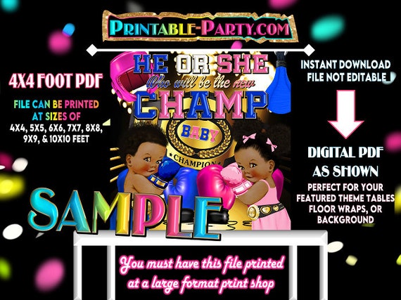 Backdrop Banner 4x4 Foot Printable PDF Instant Download | Boxer Boxing Champ Sports Gender Reveal Girl Boy He She Baby Shower Blue Gold Pink Il_570xn