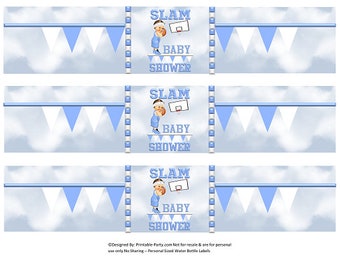 Printable Water Bottle Labels | Slam Dunk Basketball Sports Blue White Baby Shower Drink Wrappers | Instant Download