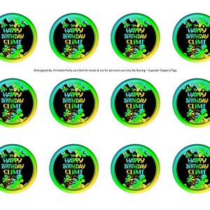 Printable Circle Tags 2 inch Cupcake Toppers | Slime Birthday Party Green Yellow Teal Glitter Gold | Instant Download