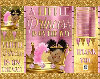 Printable Potato Chip Bags | Pink Gold Glitter Crown | Tiara Tutu Sleeping Princess Royal Girl African Baby Shower Favors