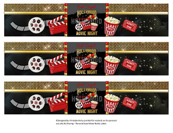 Printable Water Bottle Labels | Hollywood Movie Night Red Carpet Gold Black Drink Wrappers | Instant Download Il_570xn