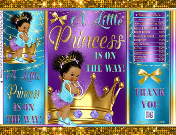 Printable Potato Chip Bags | Turquoise Purple Teal Gold Crown Afro Puffs | Tutu Gold Tiara Princess Royal Girl African Baby Shower Favors Il_570xn