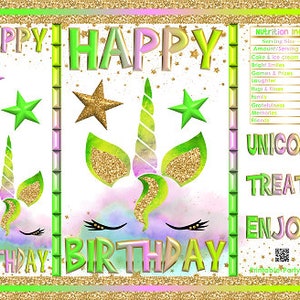 Printable Chip Bags | Unicorn Rainbow Glitter Gold White Green Lime Pink Theme | Birthday Instant Download Favor Bags