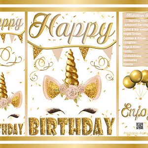 Printable Chip Bags | Unicorn Glitter Gold White Tan Floral | Birthday Instant Download Favor Bags