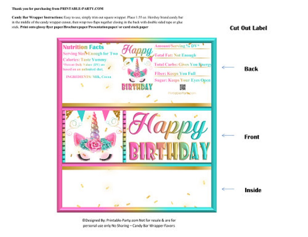 Printable Candy Bar Wrappers | Unicorn Pink Teal Gold Birthday ...