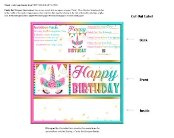 Printable Candy Bar Wrappers | Unicorn Pink Teal Gold Birthday Chocolate Bar Labels | Instant Download