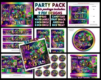 Paquete de fiesta de cumpleaños imprimible / Tema de mascarada de Martes de Carnaval / Púrpura, dorado y verde