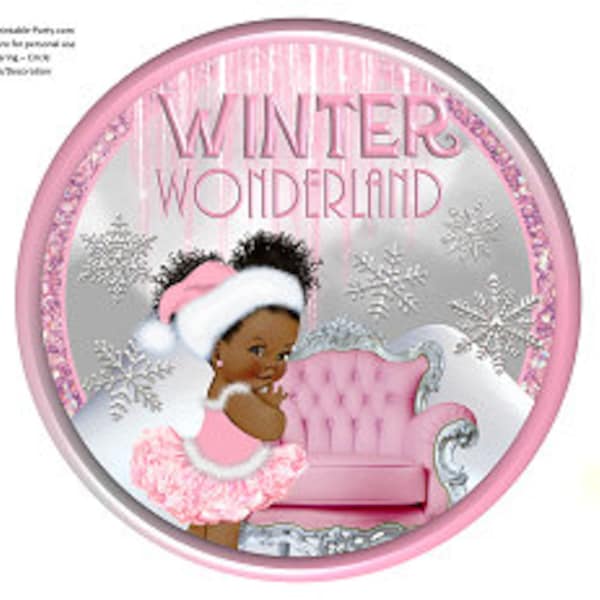 8 Inch Circle Printable PDF Instant Download Charger Plate Insert | CenterPiece | Winter Wonderland Snow African Afro Puff Pink SIlver