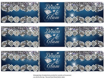 Etiquetas de botellas de agua imprimibles / Envoltorios de bebidas para fiesta de cumpleaños de Denim y Glam Diamond / Descarga instantánea de Blue Jeans Bling