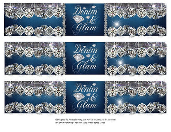 Printable Water Bottle Labels | Denim and Glam Diamond Birthday Party Drink Wrappers | Blue Jeans Bling Instant Download Il_570xn