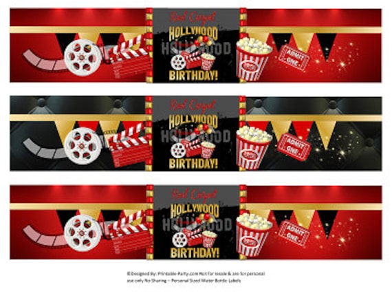 Printable Water Bottle Labels | Hollywood Red Carpet Gold Black Birthday Drink Wrappers | Instant Download Il_570xn