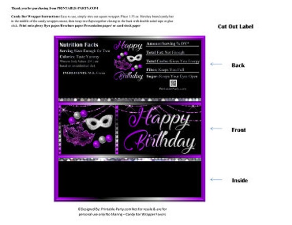 Printable Candy Bar Wrappers | Mardi Gras Masquerade Mask Glitter Purple Silver Black Chocolate Bar Labels | Instant Download Il_570xn