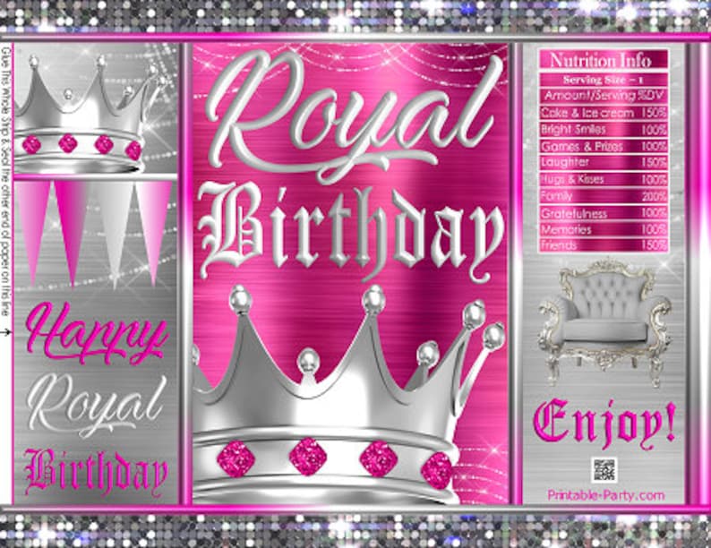 Royal Birthday Crown Princess Pink Fushia Silver Party Favors Gift Wrappers Printable Chip Bags