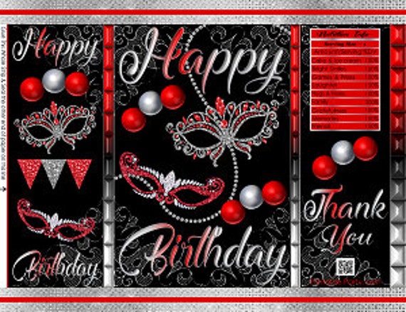 Printable Potato Chip Bags | Masquerade Mardi Gras Silver Red Black Masks Beads Birthday Party Favors Il_570xn