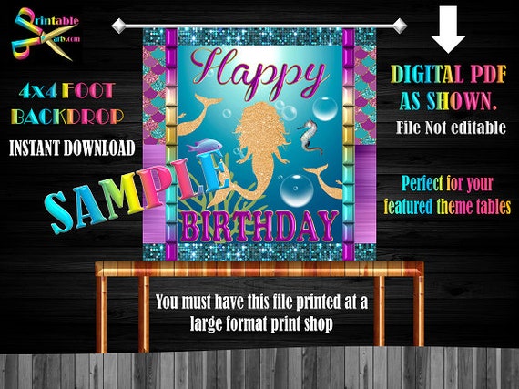 Backdrop Banner 4x4 Foot Printable PDF Instant Download | Mermaid Glitter Gold Purple Aqual Teal Birthday Il_570xn