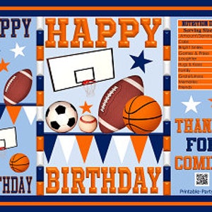 May include: A blue and orange birthday-themed snack bag design. The bag features illustrations of sports equipment, including a basketball, football, and soccer ball, along with the words "HAPPY BIRTHDAY" and "THANKS FOR COMING".