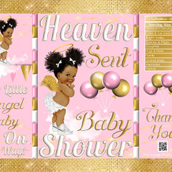 Printable Potato Chip Bags |  African Baby Shower Light Pink Gold White | Heaven Sent Angel Girl Afro Puff Favor