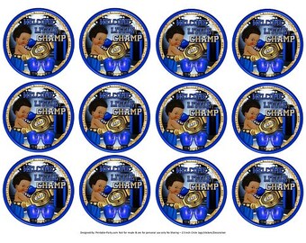 Étiquettes de cercle de 2,5 pouces PDF imprimable Téléchargement instantané | Boxer Boxing Champ Sports Bleu Or Noir Garçon Baby Shower