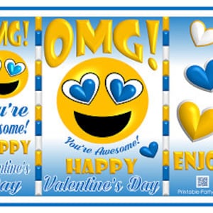 Imprimible Emoji Corazón Saludos del Día de San Valentín Bolsas de Regalo Azul Amarillo / Envoltorios de Bolsas de Patatas Fritas