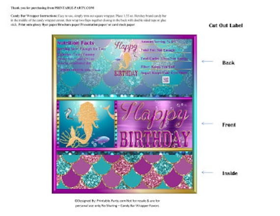 Printable Candy Bar Wrappers Mermaid Gold Glitter Purple Aqua Blue Birthday Chocolate Bar Labels Instant Download Favors By Printable Party Com Catch My Party