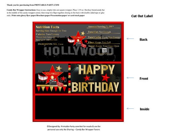Printable Candy Bar Wrappers | Hollywood Star Movie Film Red Gold Black Birthday Chocolate Bar Labels | Instant Download Il_570xn