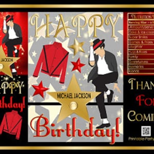 May include: A red, white, and black party favor bag with a Michael Jackson theme. The bag features a cartoon image of Michael Jackson, a red jacket, and gold stars. The text "Happy Birthday!" is printed on the bag in gold letters.