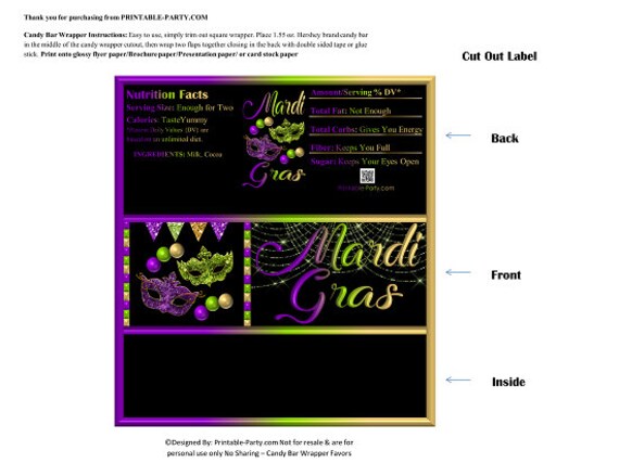 Printable Candy Bar Wrappers | Mardi Gras Masquerade Green Purple Chocolate Bar Labels | Instant Download Il_570xn