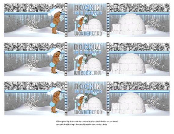 Printable Water Bottle Labels | Rockin Winter Wonderland Blue SIlver Snow Christmas African Baby Shower Drink Wrappers | Instant Download Il_570xn