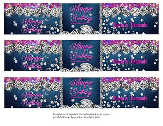 Printable Water Bottle Labels | Denim Diamonds Pink Fushia Party Drink Wrappers Instant Download Il_570xn