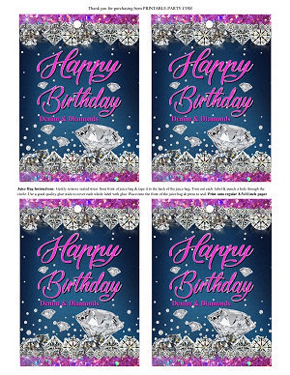 Printable Capri Juice Bag Labels | Denim Diamonds Fushia Bling Blue Jeans Birthday Decoration | PDF Instant Download Il_570xn