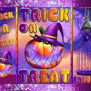 May include: A purple and orange Halloween themed design with a pumpkin wearing a witch's hat and a bat hanging in a cage. The text "Trick or Treat" is written in a bubble font.