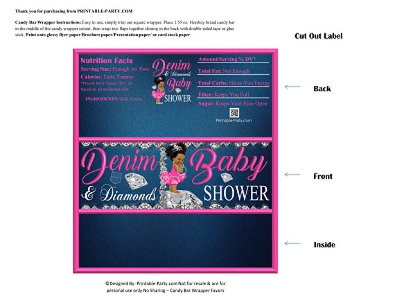 Printable Candy Bar Wrappers | Pink Denim and Diamonds Bling African Afro Puff Baby Shower Favor Chocolate Bar Labels | Instant Download Il_570xn