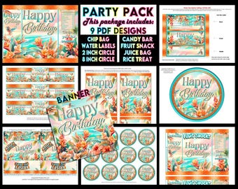 Paquete imprimible para fiesta de cumpleaños / Suministros con temática de playa tropical y océano / Flores de color verde azulado anaranjado