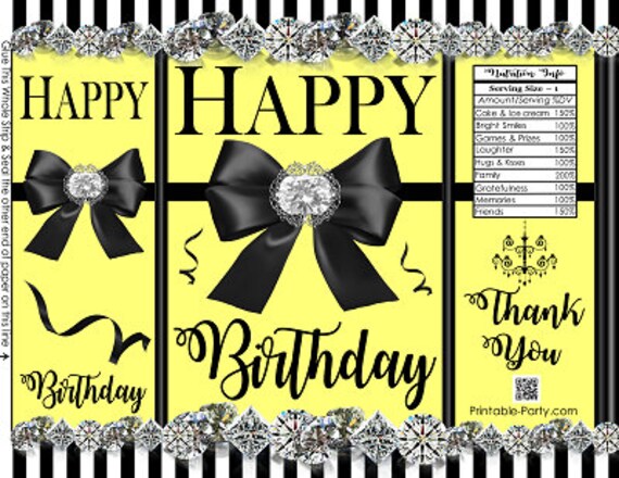 Printable Potato Chip Bags | Bling Diamond Vintage Luxury Bow Birthday | Yellow Black White Stripe Favor Bags Il_570xn