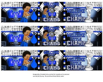 May include: Three printable labels for water bottles or favors. The labels feature a black and white checkered background with blue and silver accents. The labels say "Welcome Little Champ" and feature a cartoon illustration of a baby wearing boxing gloves and a blue and silver boxing robe.